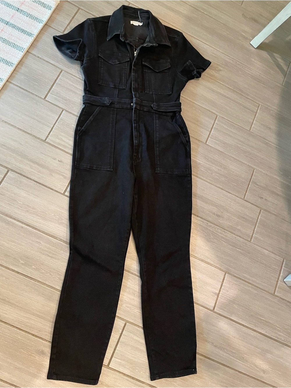 Good American Black Short-Sleeve Denim Jumpsuit with Belted Waist